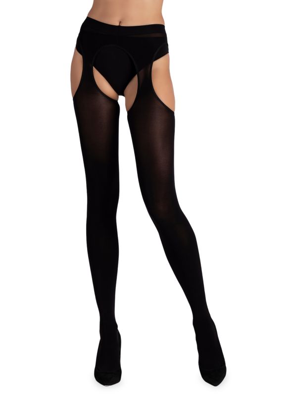 LECHERY Italian Made Opaque Suspender Crotchless Tights